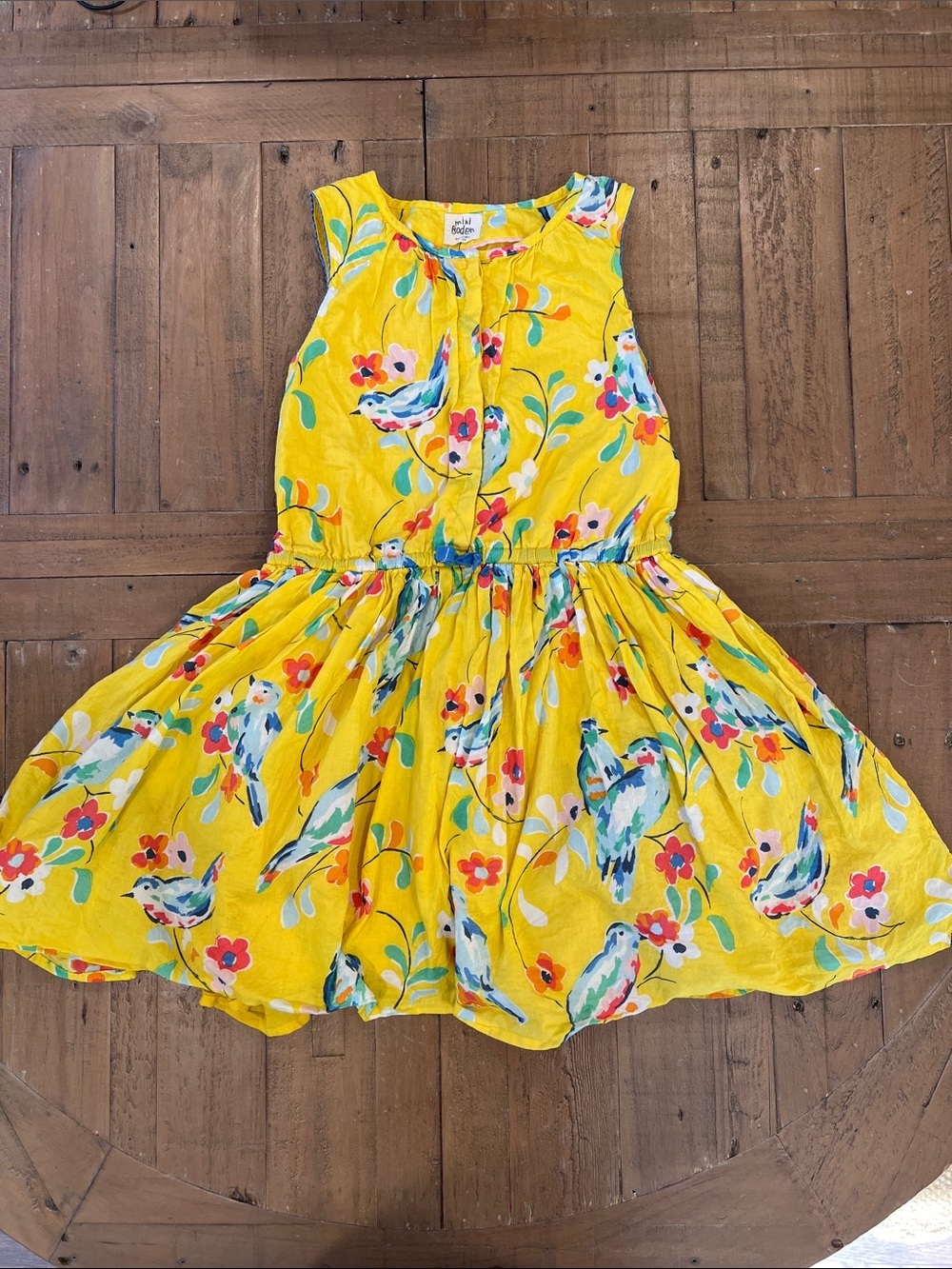 Mini Boden yellow floral bird print sleeveless dress 7-8 years